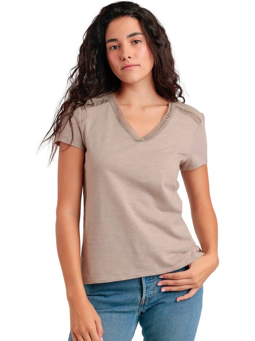 ADMAS Camiseta Manga Corta Slub Entredos para Mujer - Kiabi