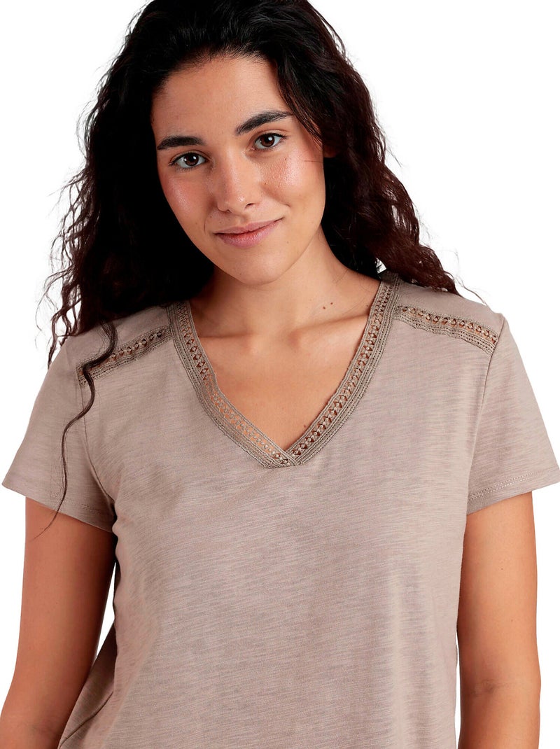 ADMAS Camiseta Manga Corta Slub Entredos para Mujer Beige - Kiabi