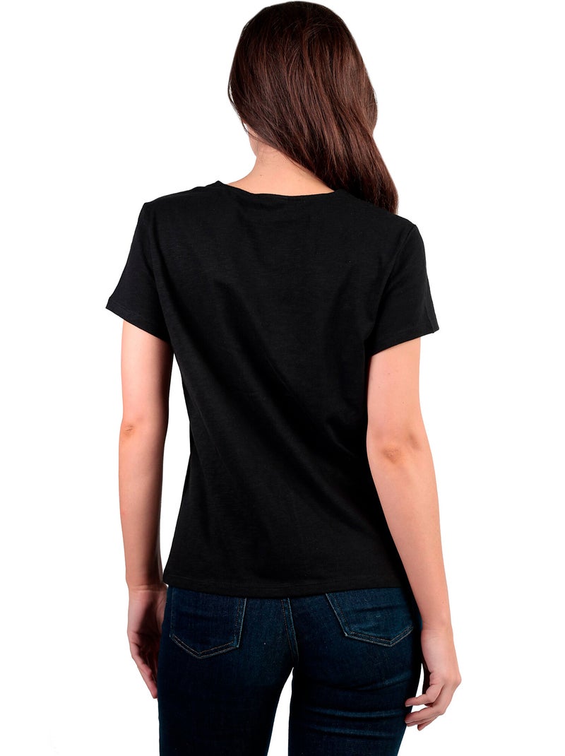 ADMAS Camiseta Manga Corta Slub Entredos para Mujer Negro - Kiabi