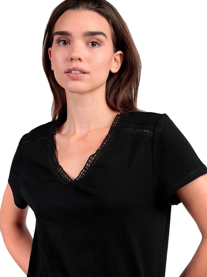 ADMAS Camiseta Manga Corta Slub Entredos para Mujer Negro - Kiabi