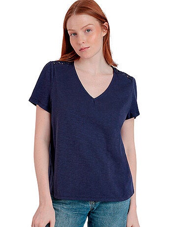 ADMAS Camiseta Manga Corta Slub Guipur para Mujer