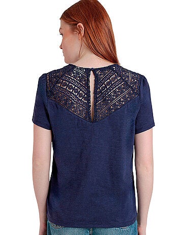 ADMAS Camiseta Manga Corta Slub Guipur para Mujer