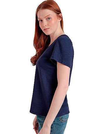 ADMAS Camiseta Manga Corta Slub Guipur para Mujer
