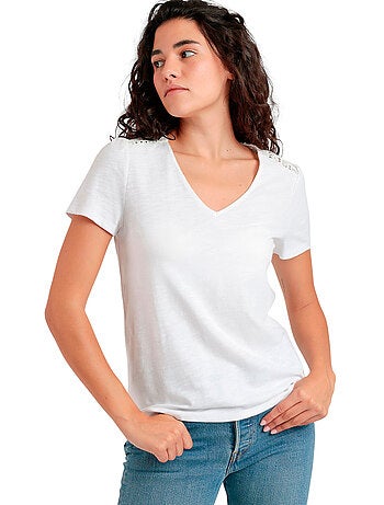 ADMAS Camiseta Manga Corta Slub Guipur para Mujer
