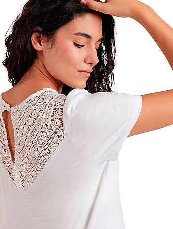 ADMAS Camiseta Manga Corta Slub Guipur para Mujer