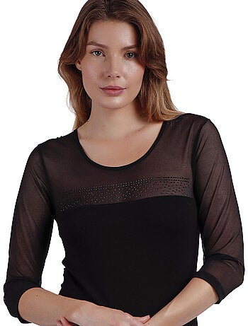 ADMAS Camiseta Manga Francesa Tul y Piedras para Mujer