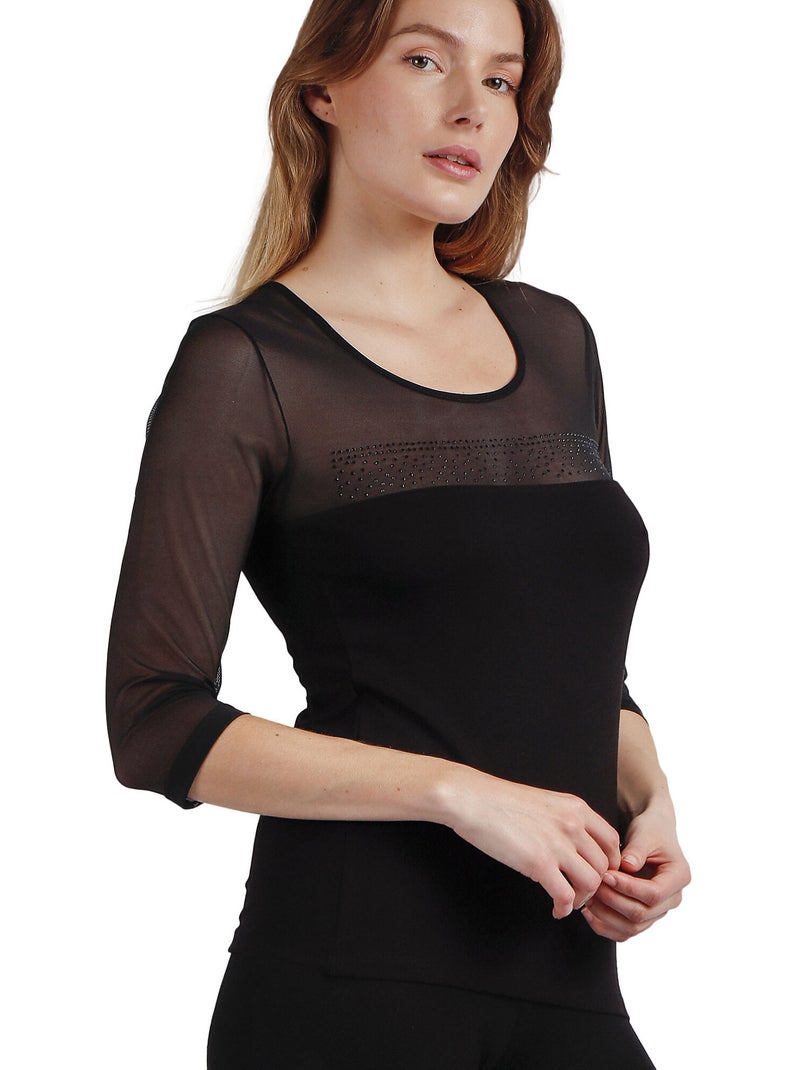 ADMAS Camiseta Manga Francesa Tul y Piedras para Mujer Negro - Kiabi