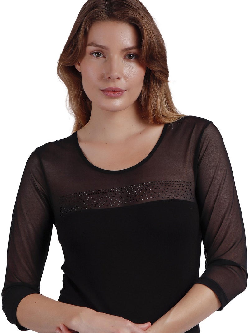 ADMAS Camiseta Manga Francesa Tul y Piedras para Mujer Negro - Kiabi