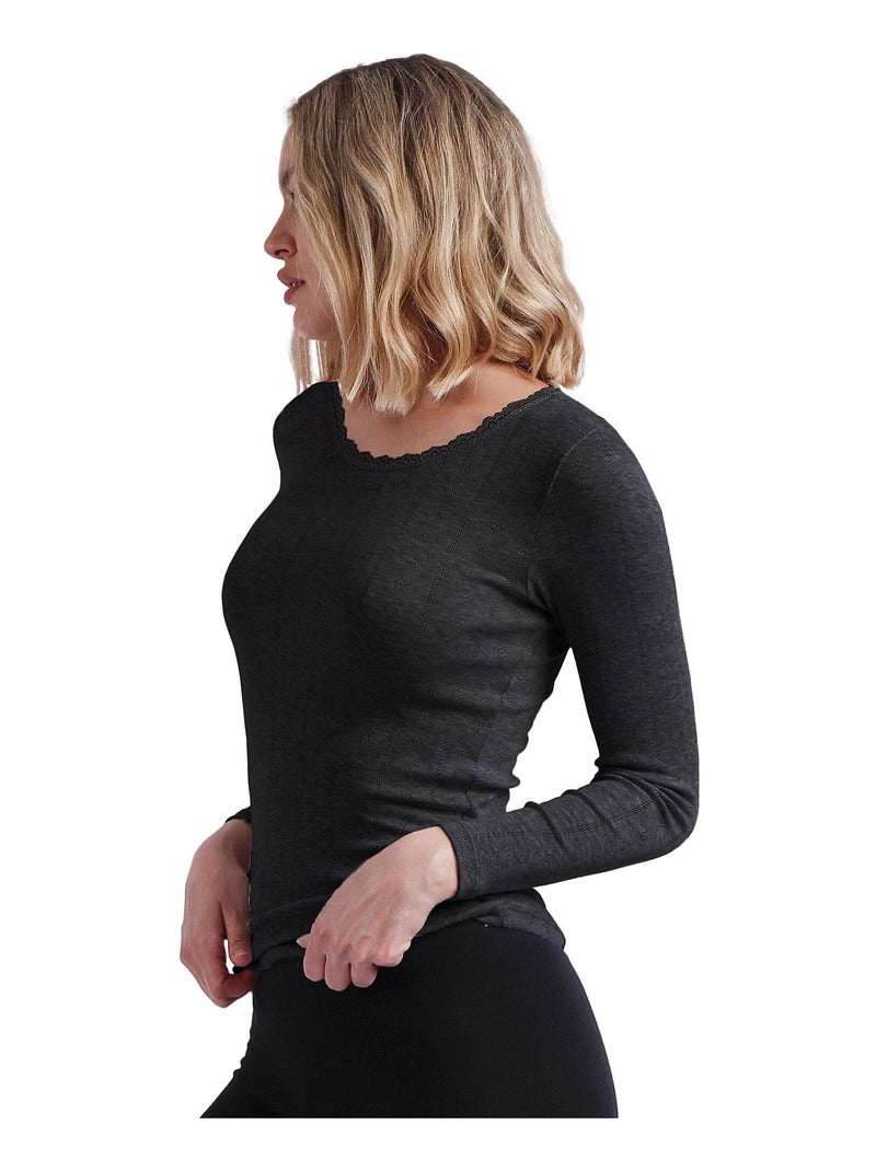 ADMAS Camiseta Manga Larga Canalé para Mujer Negro - Kiabi