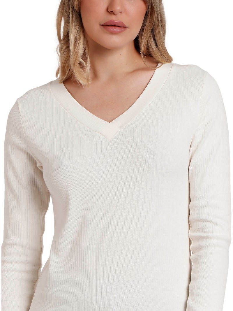 ADMAS Camiseta Manga Larga Cuello Pico para Mujer Crudo - Kiabi