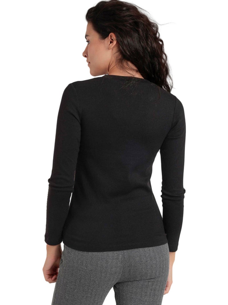 ADMAS Camiseta Manga Larga Cuello Pico para Mujer Negro - Kiabi