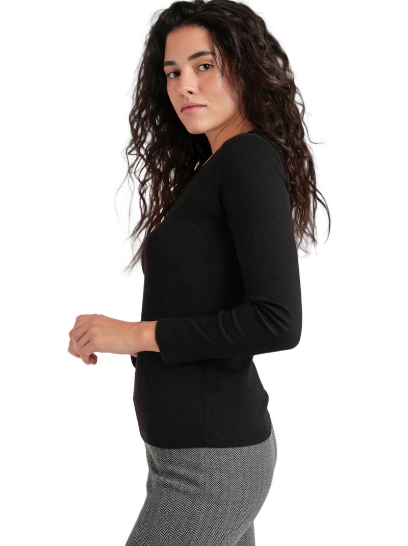 ADMAS Camiseta Manga Larga Cuello Pico para Mujer Negro - Kiabi