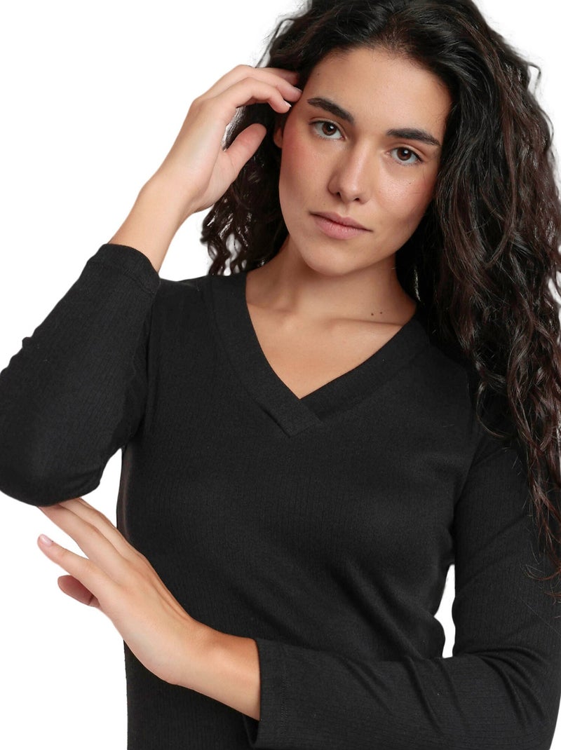 ADMAS Camiseta Manga Larga Cuello Pico para Mujer Negro - Kiabi