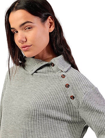 ADMAS Camiseta Manga Larga Neck Buttons para Mujer