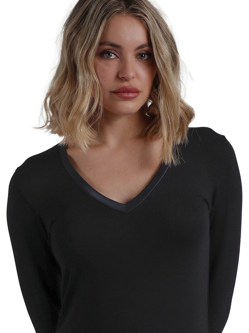 ADMAS Camiseta Manga Larga Pico Raso para Mujer Negro - Kiabi