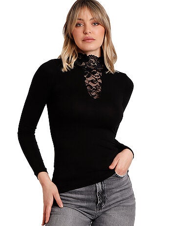 ADMAS Camiseta Manga Larga Puntilla Cuello Alto para Mujer