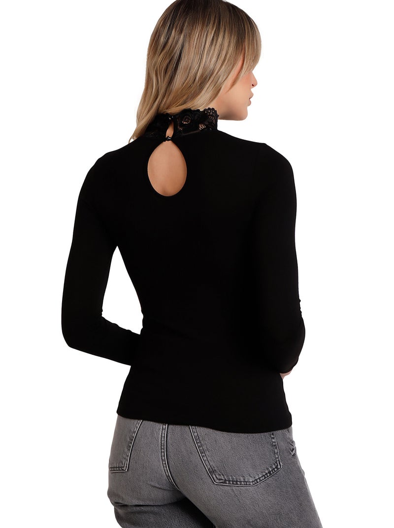 ADMAS Camiseta Manga Larga Puntilla Cuello Alto para Mujer Negro - Kiabi