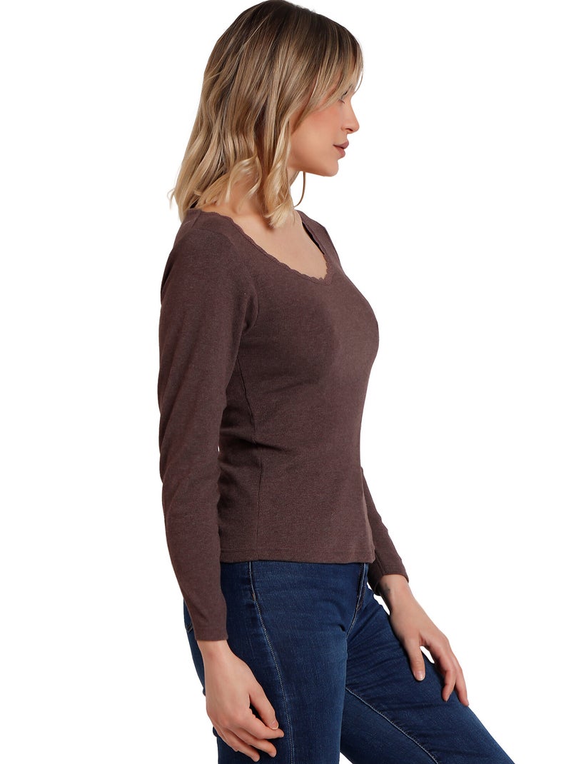 ADMAS Camiseta Manga Larga Romantic Rib para Mujer Marrón chocolate - Kiabi