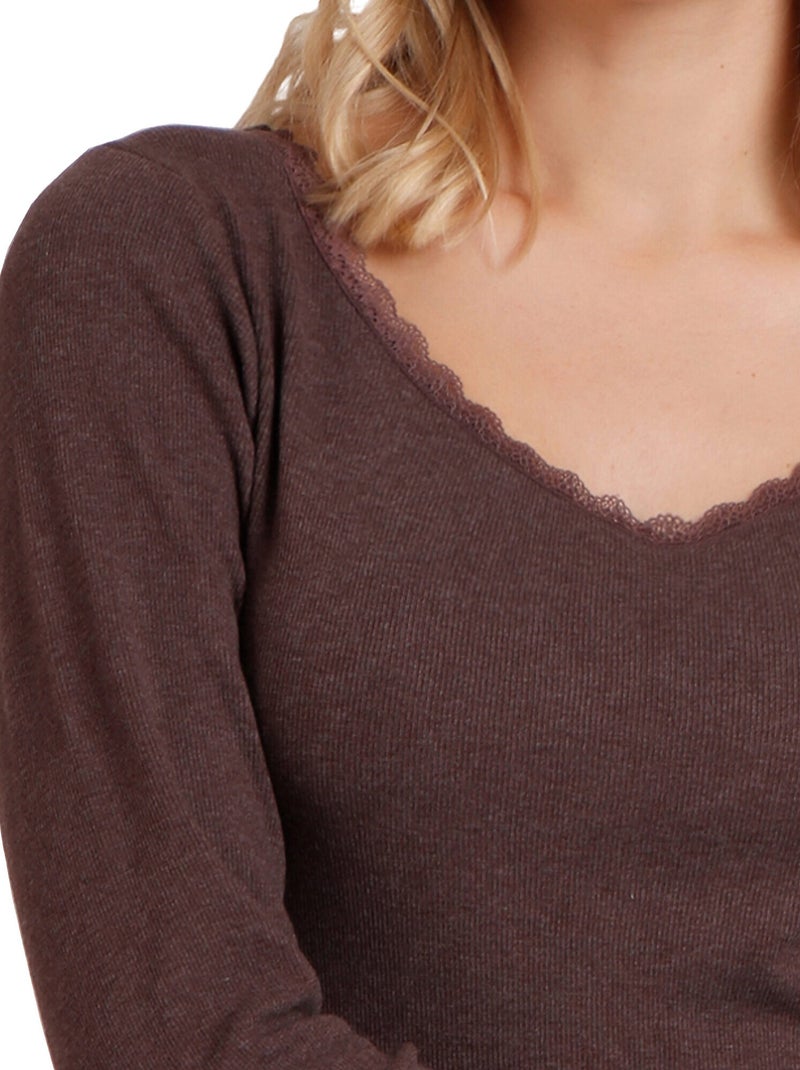 ADMAS Camiseta Manga Larga Romantic Rib para Mujer Marrón chocolate - Kiabi