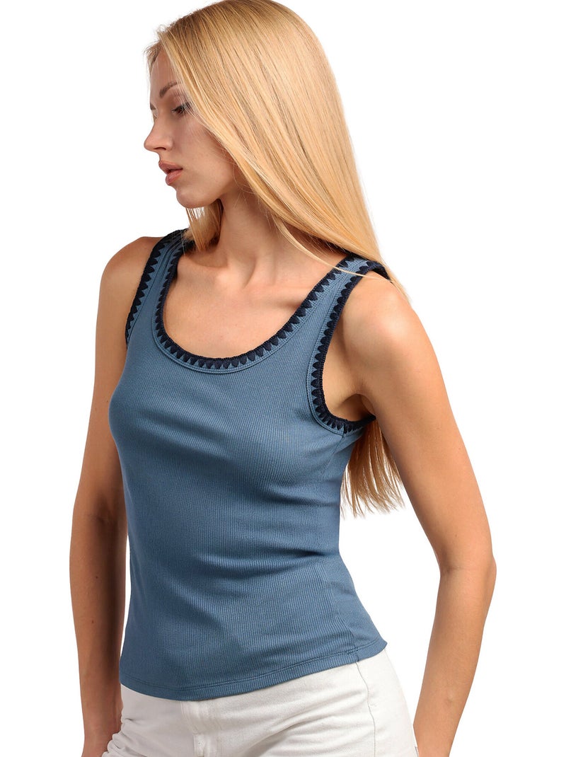 ADMAS Camiseta Sin Mangas Canalé Hilo Contraste para Mujer Azul - Kiabi