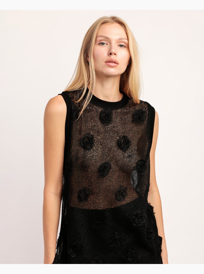 ADMAS Camiseta Sin Mangas Flowers Aplicadas para Mujer Negro - Kiabi