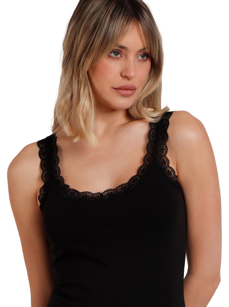 ADMAS Camiseta Tirantes Puntilla Ondas para Mujer Negro - Kiabi