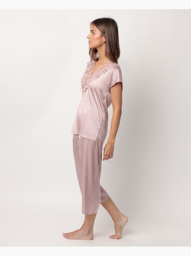 ADMAS CLASSIC Pijama Manga Caída Satin And Guipur para Mujer Malva - Kiabi