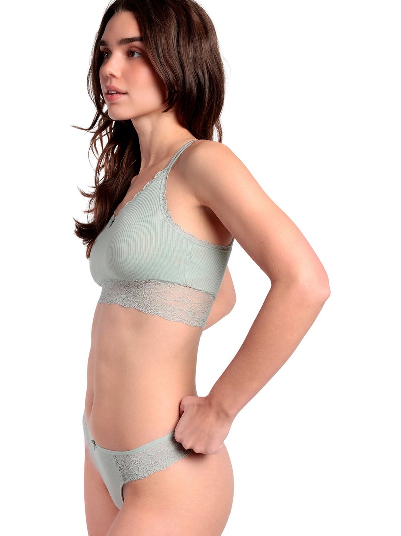 ADMAS Conjunto Top Interior Canalé y Tanga para Mujer Verde - Kiabi