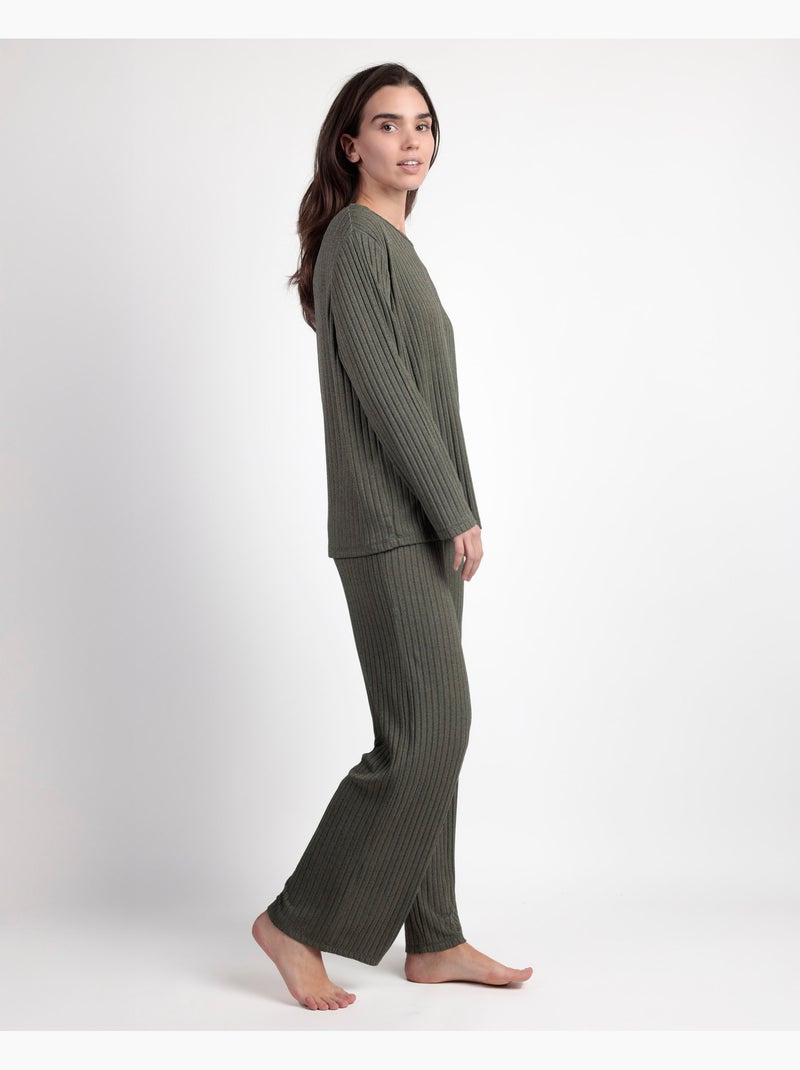 ADMAS HOME Pijama Manga Larga Canalé Tracksuit para Mujer Verde oliva - Kiabi