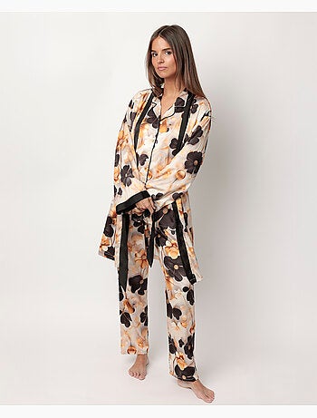 ADMAS LUXURY Bata Manga Larga Satinada Luxury Flowers para Mujer