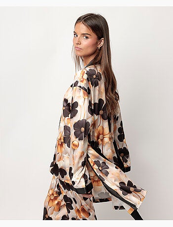 ADMAS LUXURY Bata Manga Larga Satinada Luxury Flowers para Mujer