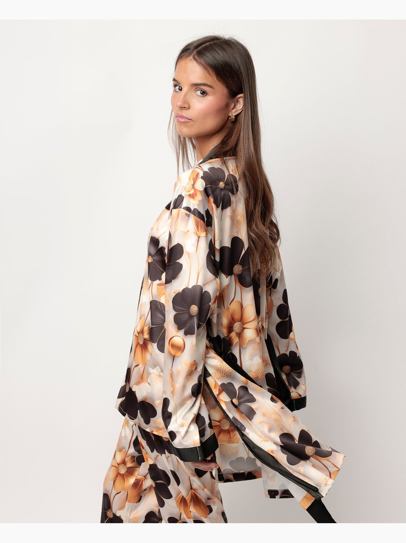 ADMAS LUXURY Bata Manga Larga Satinada Luxury Flowers para Mujer Oro - Kiabi