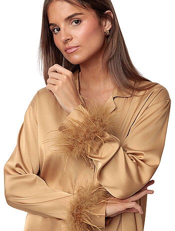 ADMAS LUXURY Pijama Abierto Manga Larga Plumas Marabu Luxe para Mujer