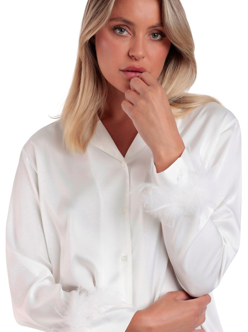 ADMAS LUXURY Pijama Abierto Manga Larga Plumas Marabu Luxe para Mujer Blanco - Kiabi