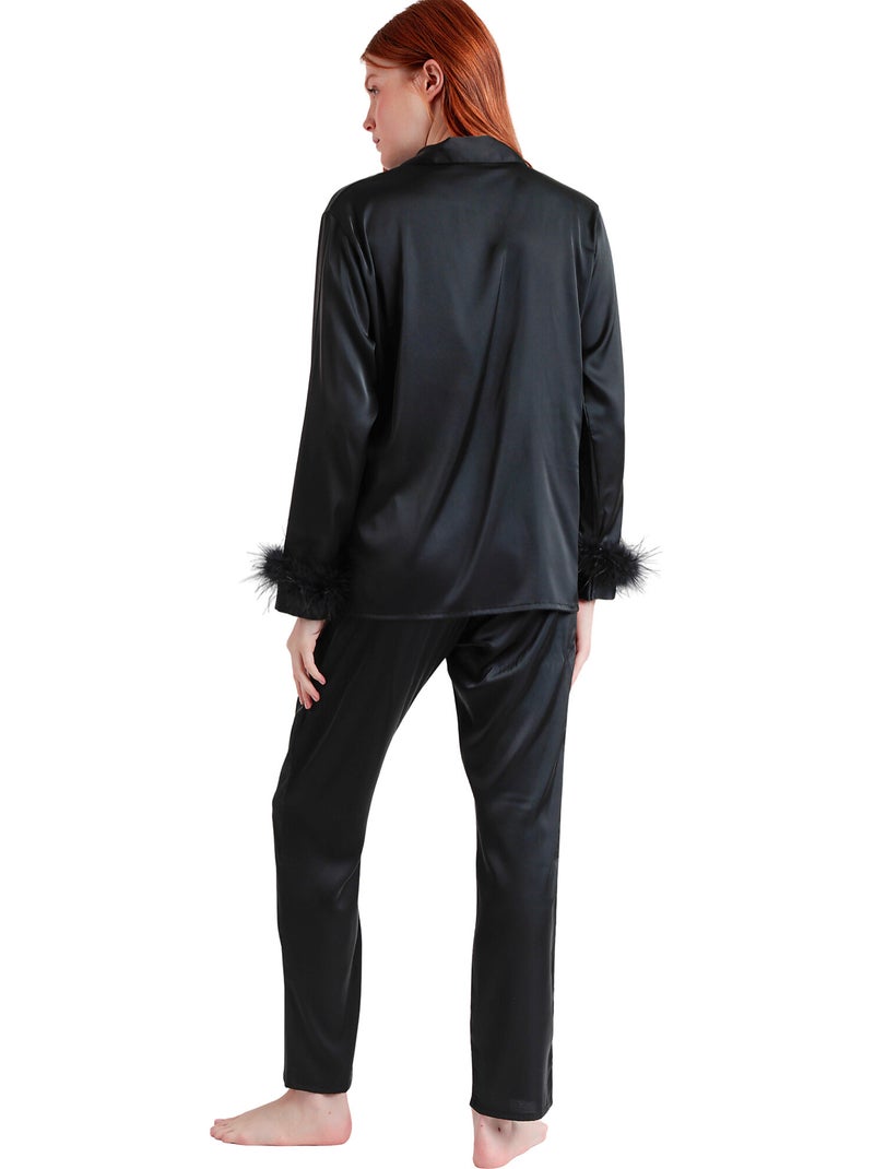 ADMAS LUXURY Pijama Abierto Manga Larga Plumas Marabu Luxe para Mujer Negro - Kiabi