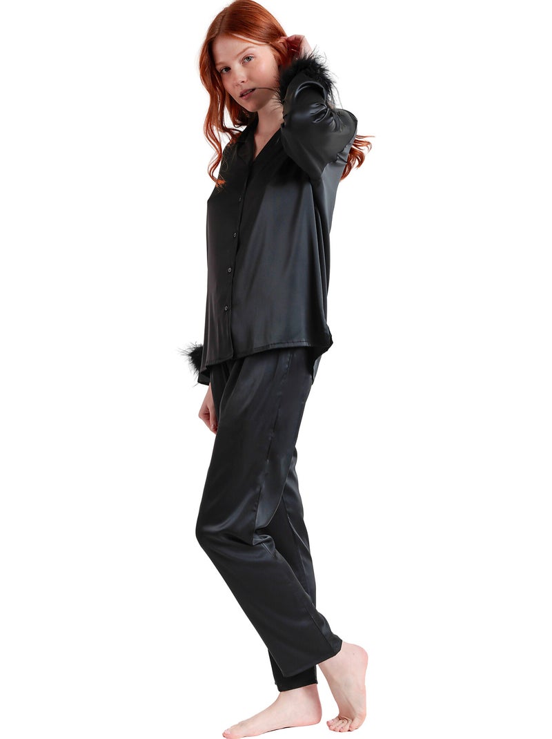 ADMAS LUXURY Pijama Abierto Manga Larga Plumas Marabu Luxe para Mujer Negro - Kiabi