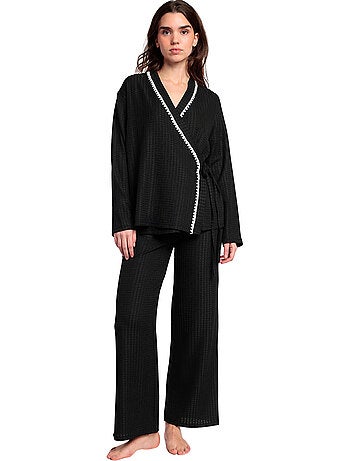 ADMAS LUXURY Pijama Manga Larga Abierto Cruzado Stitching para Mujer