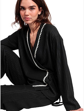 ADMAS LUXURY Pijama Manga Larga Abierto Cruzado Stitching para Mujer
