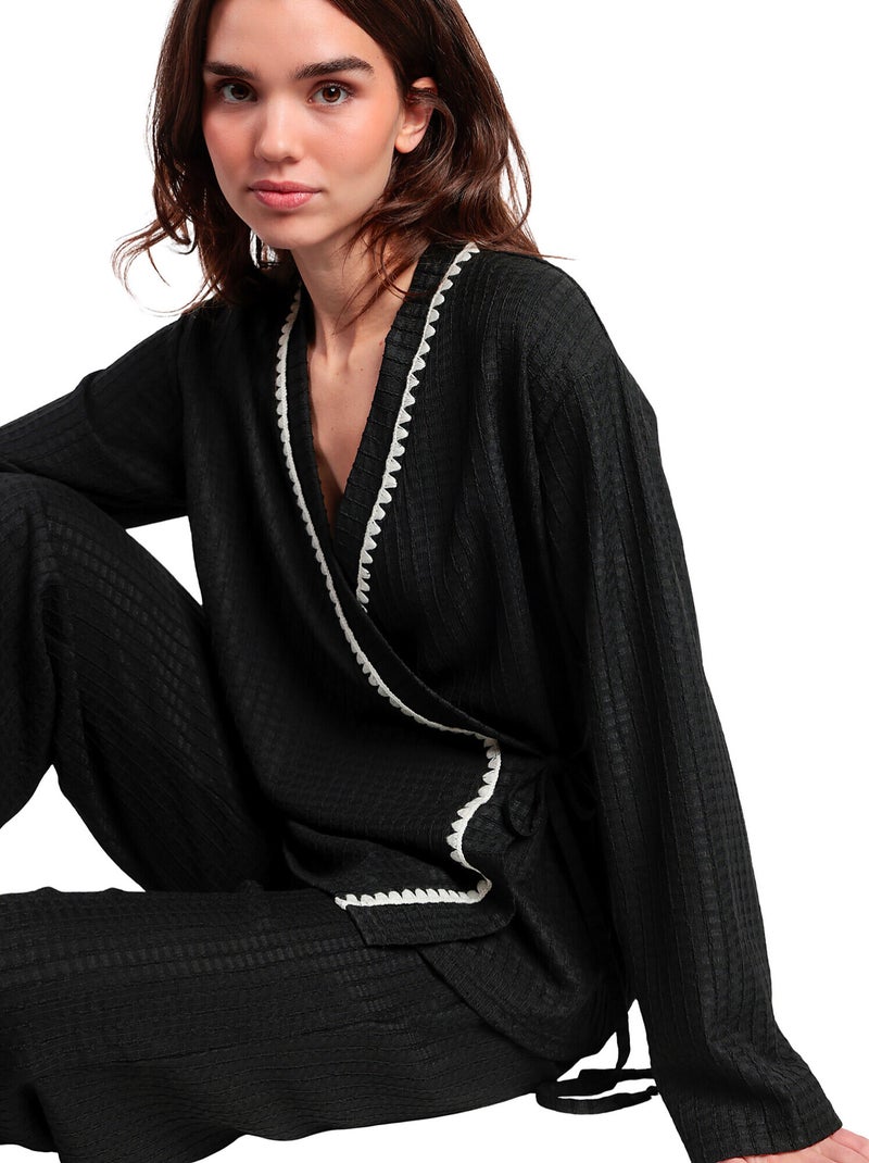 ADMAS LUXURY Pijama Manga Larga Abierto Cruzado Stitching para Mujer Negro - Kiabi
