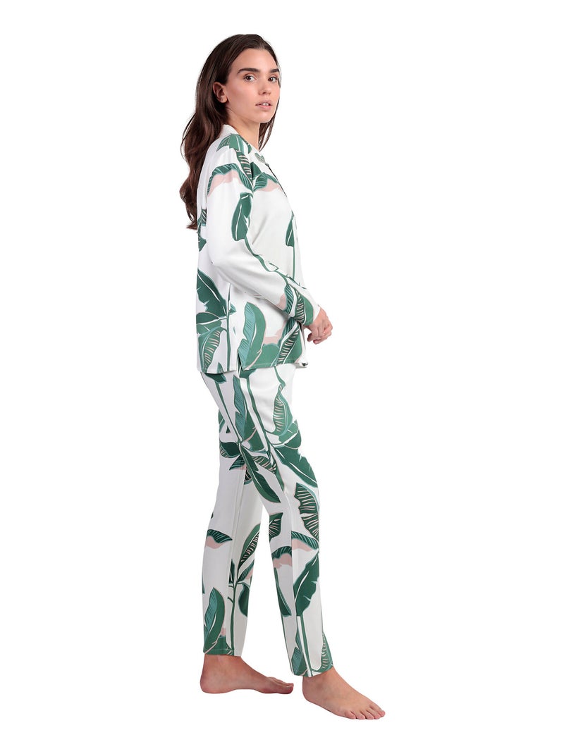 ADMAS LUXURY Pijama Manga Larga Abierto Popelín Luxury Leaves para Mujer Verde - Kiabi