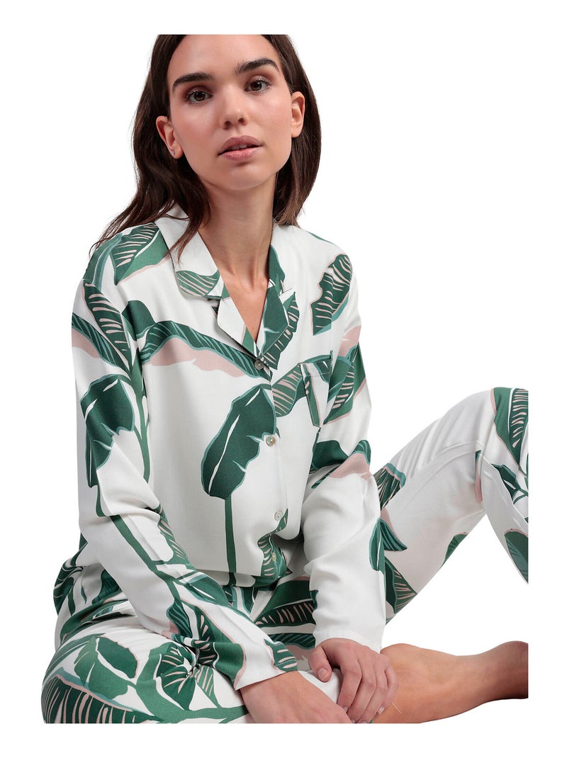 ADMAS LUXURY Pijama Manga Larga Abierto Popelín Luxury Leaves para Mujer Verde - Kiabi