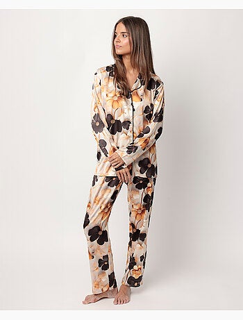 ADMAS LUXURY Pijama Manga Larga Abierto Satinado Luxury Flowers para Mujer