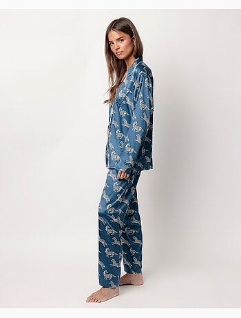 ADMAS LUXURY Pijama Manga Larga Abierto Satinado Zebra Gold para Mujer