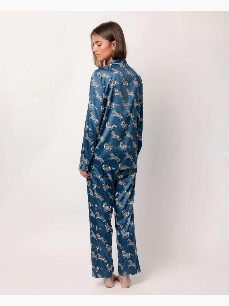 ADMAS LUXURY Pijama Manga Larga Abierto Satinado Zebra Gold para Mujer Azul - Kiabi