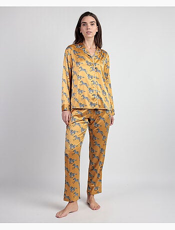 ADMAS LUXURY Pijama Manga Larga Abierto Satinado Zebra Gold para Mujer