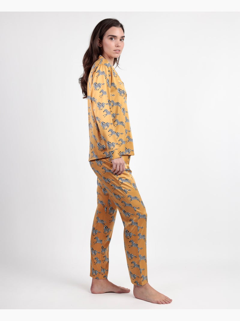 ADMAS LUXURY Pijama Manga Larga Abierto Satinado Zebra Gold para Mujer Lino - Kiabi
