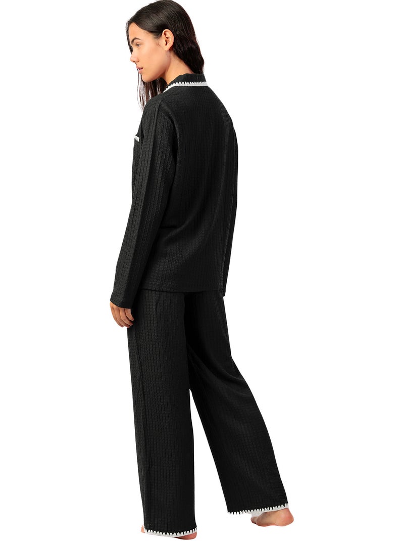 ADMAS LUXURY Pijama Manga Larga Abierto Stitching para Mujer Negro - Kiabi