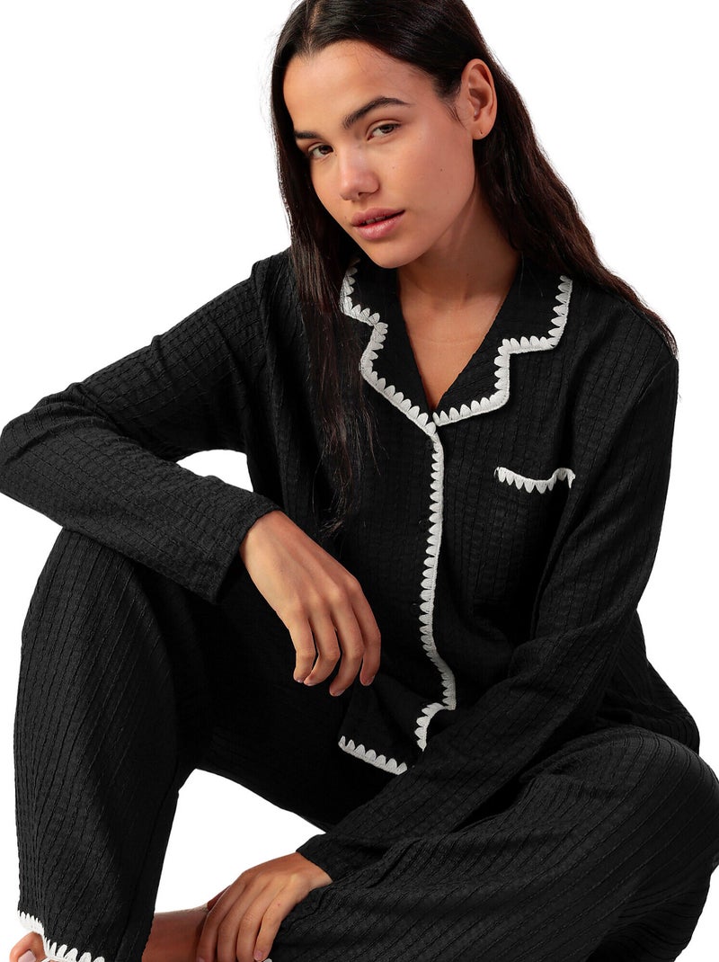 ADMAS LUXURY Pijama Manga Larga Abierto Stitching para Mujer Negro - Kiabi