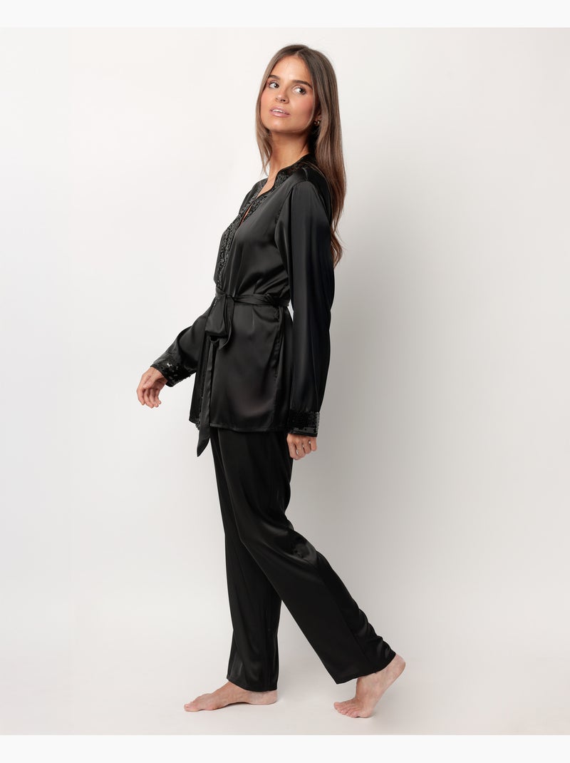 ADMAS LUXURY Pijama Manga Larga Satinado Cruzado Glam Luxe para Mujer Negro - Kiabi