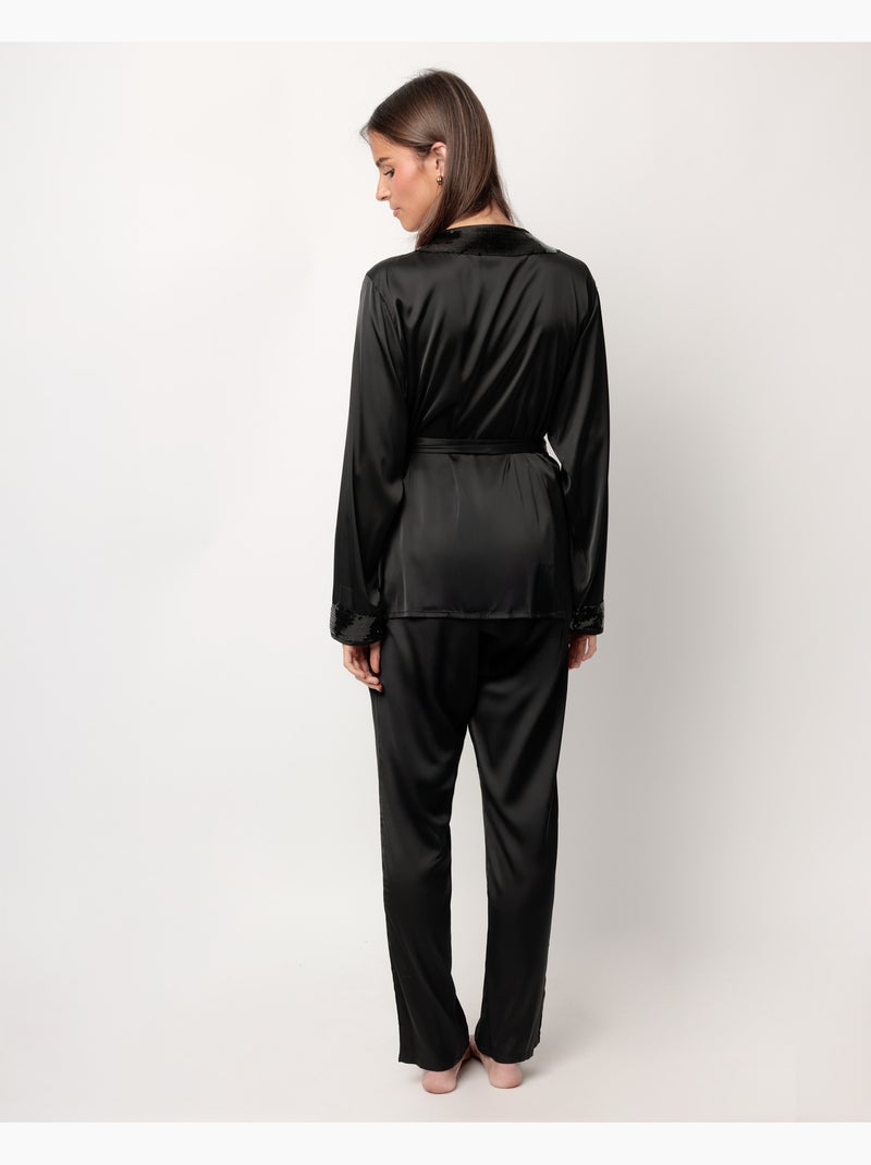 ADMAS LUXURY Pijama Manga Larga Satinado Cruzado Glam Luxe para Mujer Negro - Kiabi